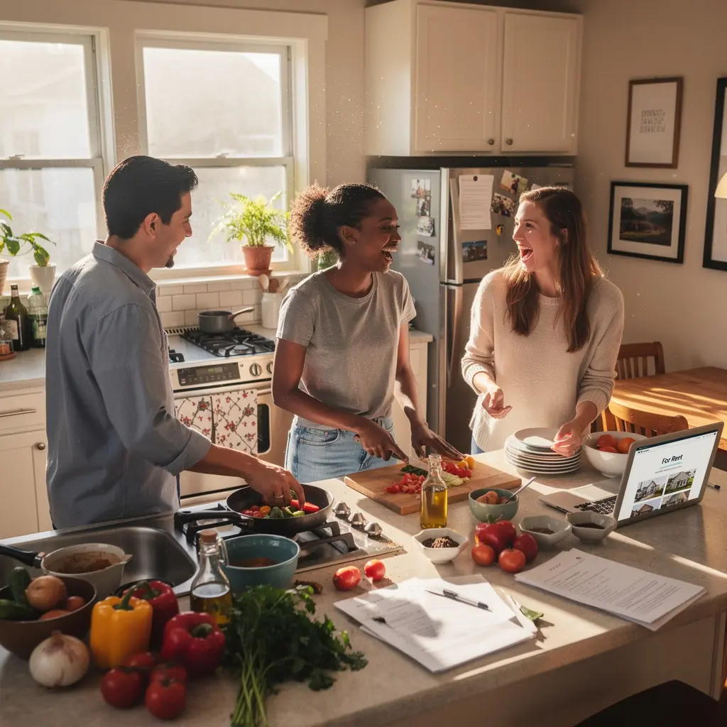 Zdjęcie grupy studentów omawiających opcje zakupu mieszkań w przyjaznym otoczeniu edukacyjnym.