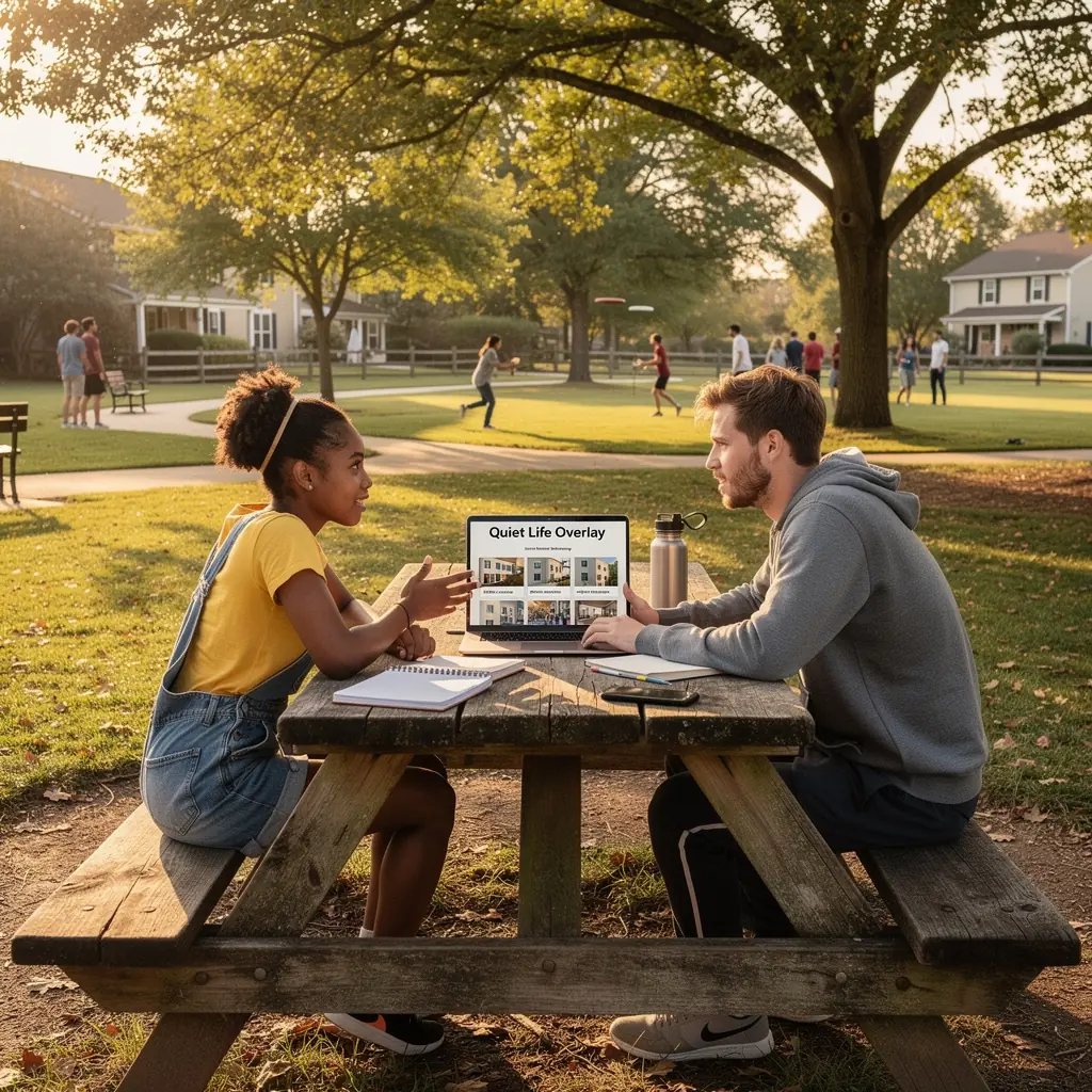 Mapa okolicy z oznaczeniem stref szkolnych i dostępnych mieszkań dla studentów w USA.