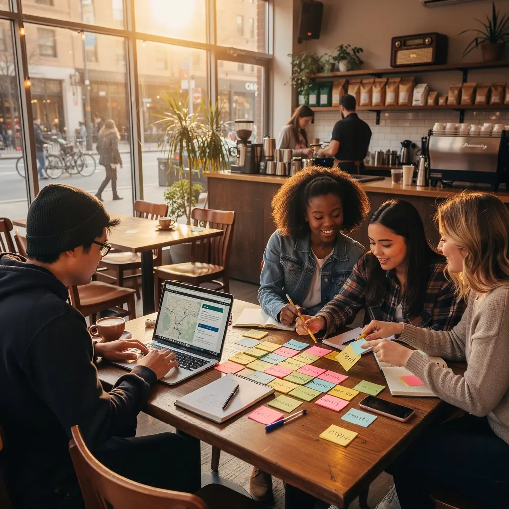 Ilustracja mapy okolicy szkół z zaznaczonymi lokalizacjami mieszkań do wynajęcia i sprzedaży.