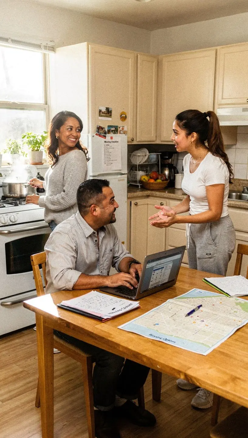 Widok na biurko z planem wynajmu mieszkań dla studentów, z notatkami na temat dostępnych opcji w strefie szkolnej.