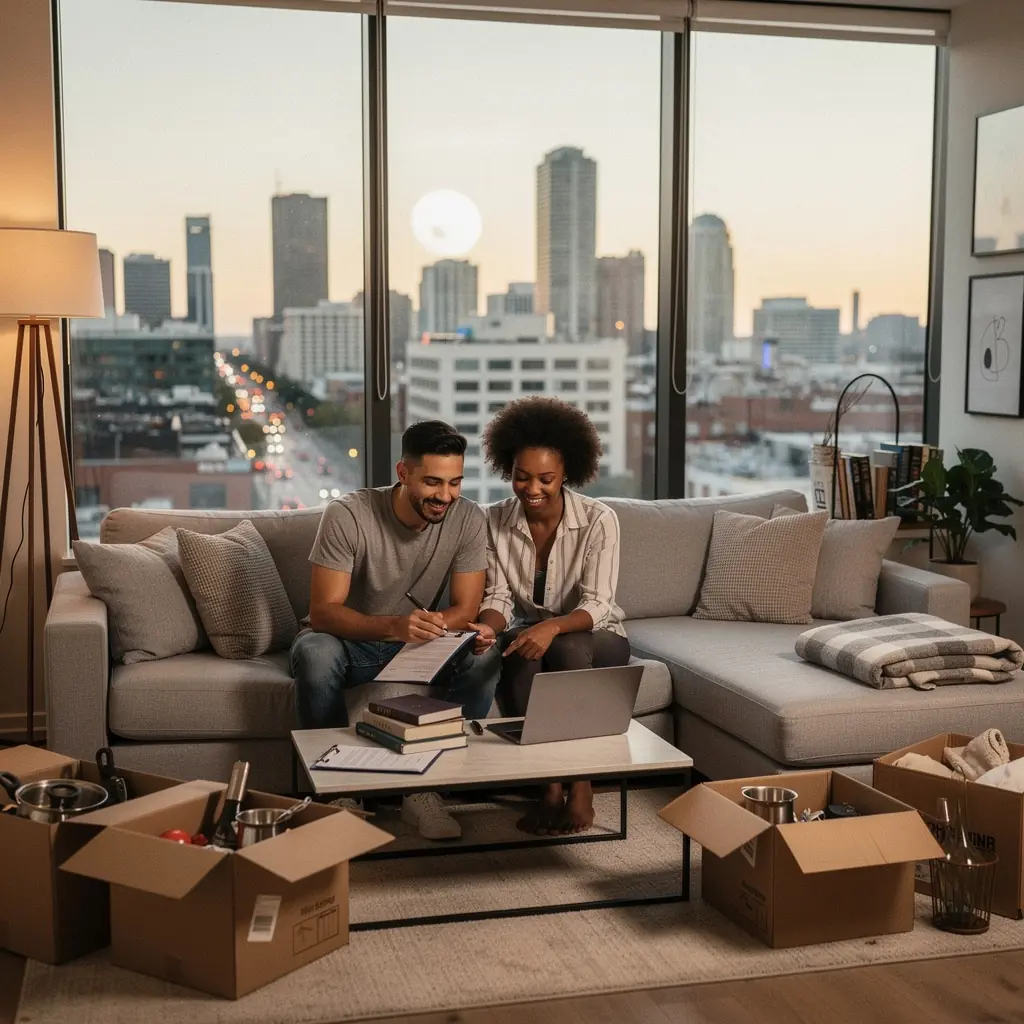 Zespół studentów pracujących nad planowaniem listy mieszkań w przytulnym biurze.