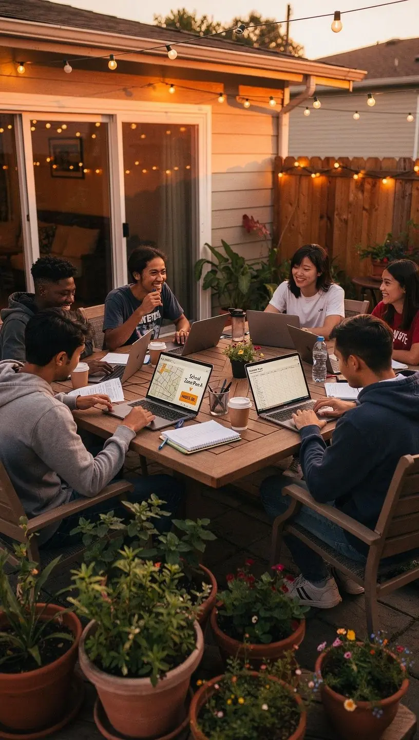 Mapa stref szkolnych w okolicy, z zaznaczonymi lokalizacjami szkół i dostępem do komunikacji.