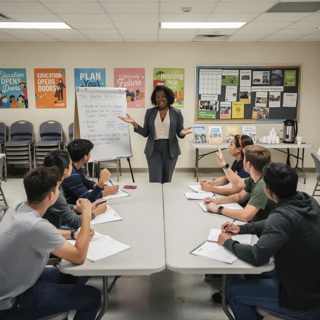 Zdjęcie przedstawiające nowoczesny apartament z umeblowaną kuchnią i widokiem na miasto.